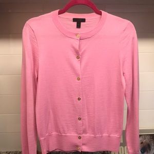 JCrew pink sweater with gold buttons
